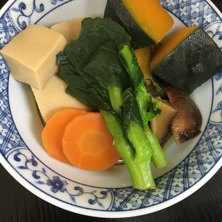 菜の花で彩り♡かぼちゃと高野豆腐と干し椎茸の含め煮